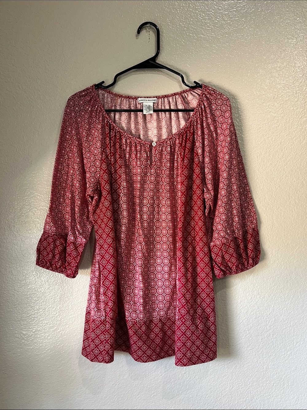 REBECCA MALONE Splendid Pink Red Printed Peasant Tunic Sz XL Boho Cottage Core